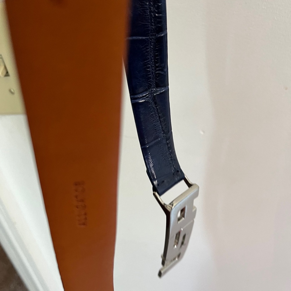 Ralph Lauren Tan and Blue Leather Belt with Silver Buckle